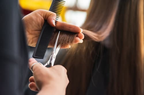 Professional hairstylist trimming long hair with scissors and comb