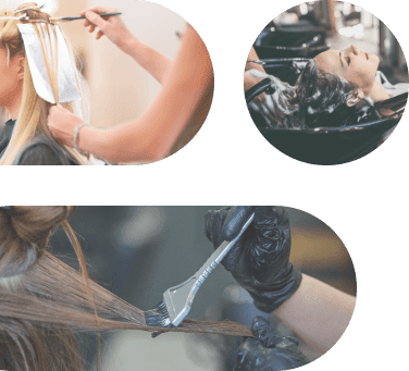 Hair coloring and salon treatment collage showing dye application and shampooing